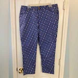 Coldwater Creek Capri pants, bold purple and blue print, size 16